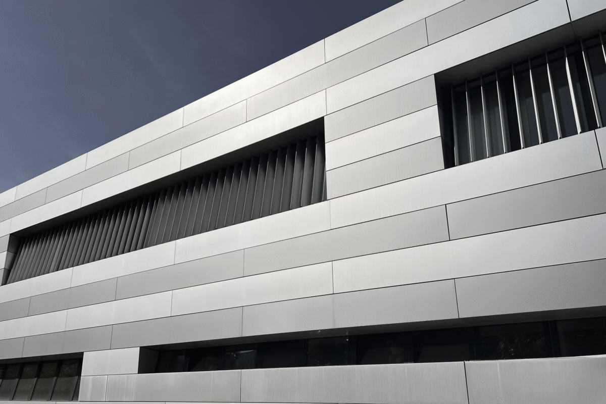 Modern minimalist building facade, symbolizing structure in biotech trial design and drug delivery case study