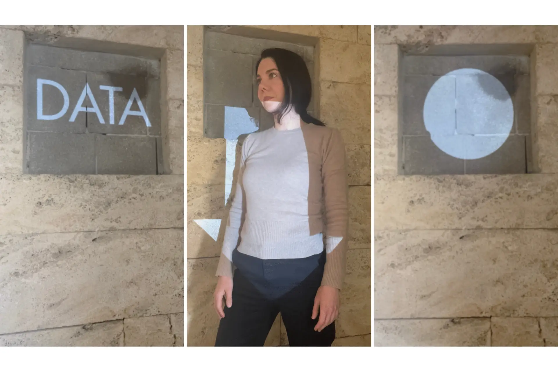Conceptual triptych showing the word DATA, a human portrait with projected arrow, and a circle symbol, illustrating the human journey from logic to meaning.