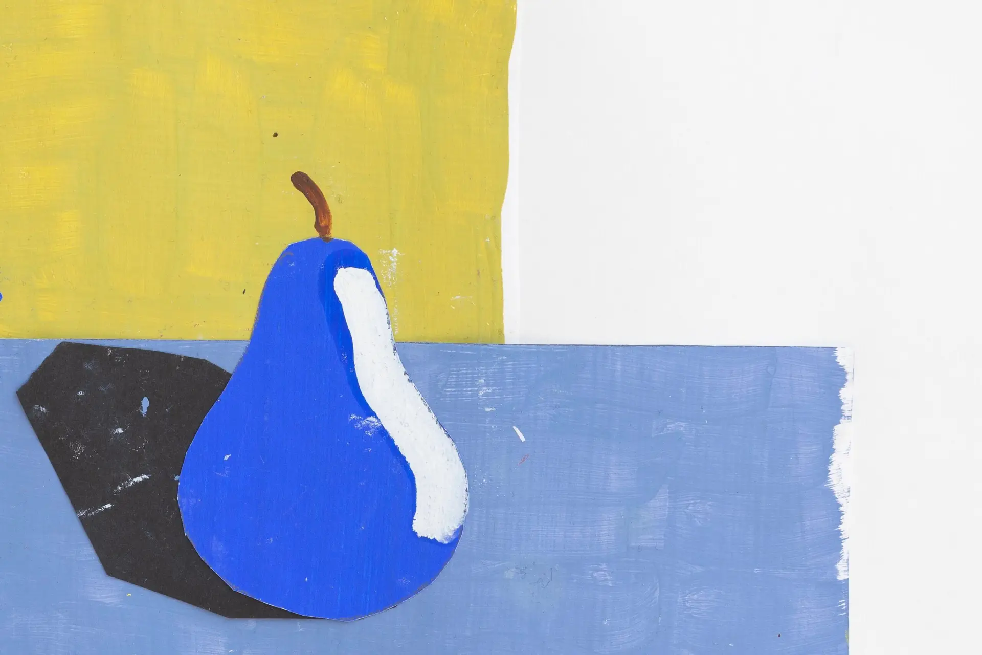 Blue pear with a sharp black shadow against yellow and blue painted backgrounds, close-up detail from a collage in oil paint.
