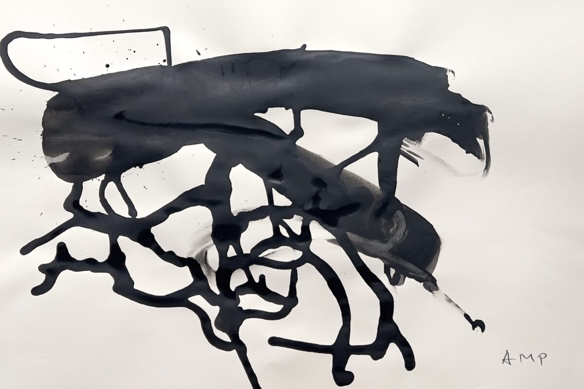 Abstract ink composition on paper featuring dense black forms and branching linear structures.